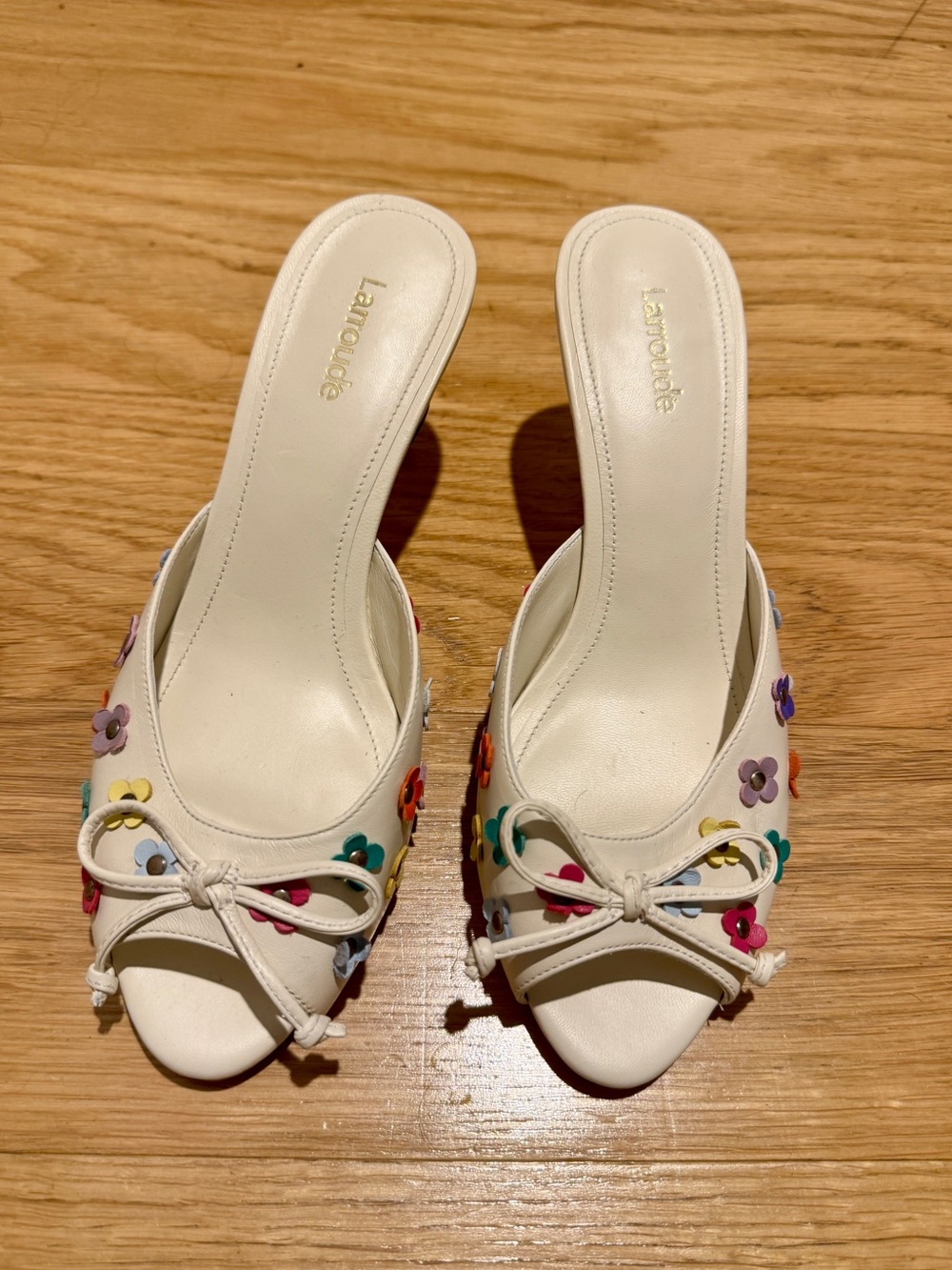 Larroude White Slide Sandals with Multicolor Floral Accents